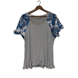 Cato Striped Tie Dye Top Womens Large Blue White Excellent Ruffle Mixed Media
